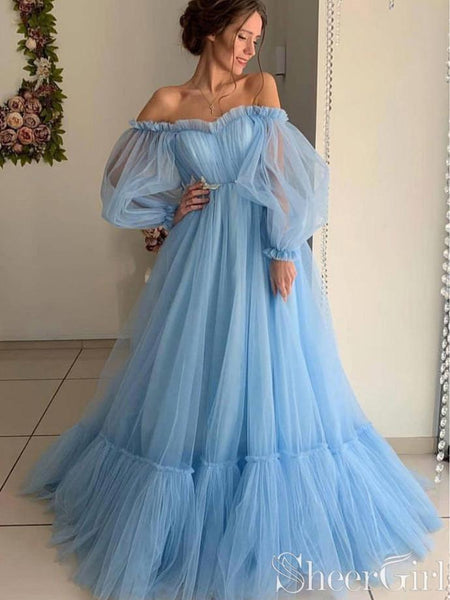off the shoulder puffy prom dress Off The Shoulder Puff Sleeve Prom Dress Tulle Long Evening Dresses ARD2404