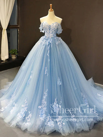 Off The Shoulder Sleeves Blue Sweetheart Ball Gown Prom Dress ARD2730-SheerGirl