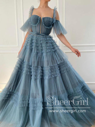 Off-The-Shoulder Sleeves Layered Tulle Ball Gown Sweetheart Neck Prom Dress ARD2690-SheerGirl