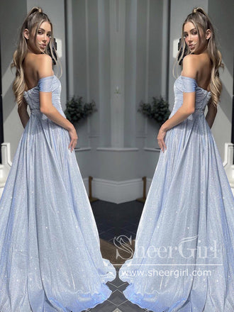 Off The Shoulder Sparkly Ball Gown with High Slit Sweetheart Neck Prom Dress ARD2706-SheerGirl