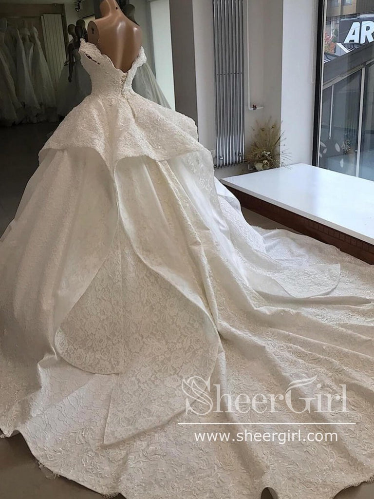 Off The Shoulder Sweetheart Neckline Vintage Lace Ball Gown Wedding Dress with Cathedral Train AWD1783-SheerGirl