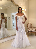 Off The Shoulder White Mermaid Wedding Dresses Lace Wedding Gowns AWD1581-SheerGirl