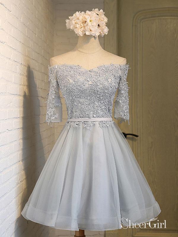 half lace prom dress Pink Half Sleeves Off Shoulder Lace Tulle A-line Long Prom Dress with Appliques, MP323