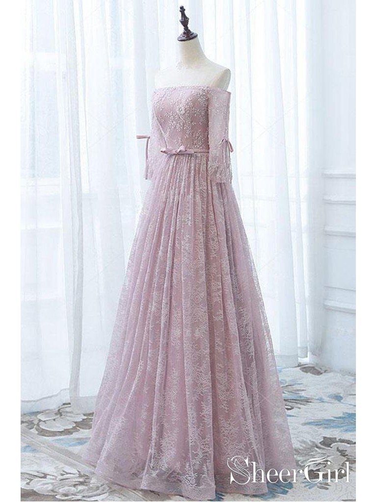 Off the Shoulder 3/4 Sleeve Lace Prom Dresses Pink Beaded Formal Evening Gowns ARD1009 Off the Shoulder 3/4 Sleeve Lace Prom Dresses Pink Beaded Formal Evening Gowns ARD1009
