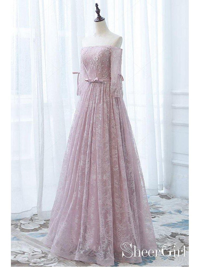 Off the Shoulder 3/4 Sleeve Lace Prom Dresses Pink Beaded Formal Evening Gowns ARD1009-SheerGirl