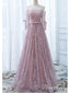 Krajkové plesové šaty s 3/4 rukávem Růžové společenské společenské šaty s korálky ARD1009 