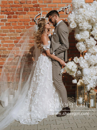 Off the Shoulder 3D Flower Lace Beach Wedding Dresses Rustic Boho Wedding Dress AWD1915-SheerGirl