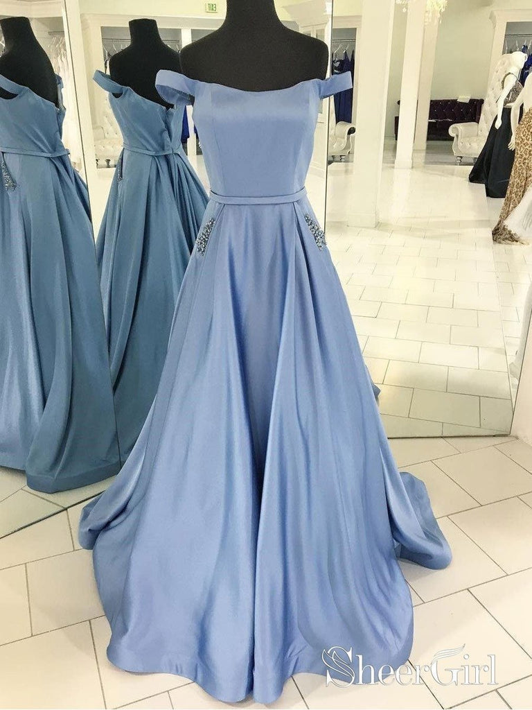 Off the Shoulder A-line Satin with Beaded Formal Long Cheap Prom Dress SheerGirl Off the Shoulder A-line Satin with Beaded Formal Long Cheap Prom Dress SheerGirl