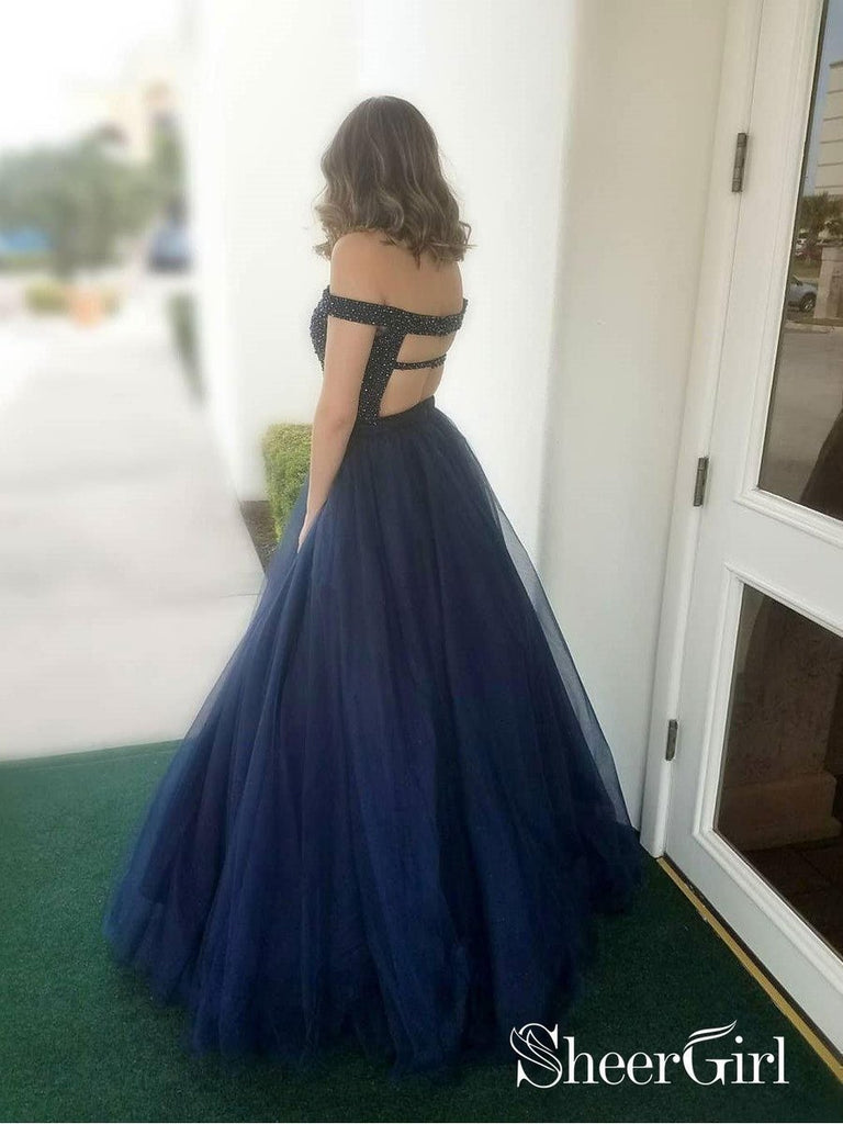 Off the Shoulder Beaded Navy Blue Prom Dresses Long Tulle Quinceanera Dress APD3412 Off the Shoulder Beaded Navy Blue Prom Dresses Long Tulle Quinceanera Dress APD3412