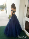 Off the Shoulder Beaded Navy Blue Prom Dresses Long Tulle Quinceanera Dress APD3412-SheerGirl