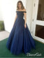 Off the Shoulder Beaded Navy Blue Prom Dresses Long Tulle Quinceanera Dress APD3412