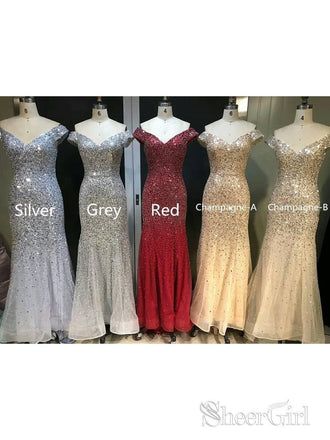 Off the Shoulder Beaded Organza Mermaid Prom Dresses Vintage Formal Evening Dress ARD1704-SheerGirl