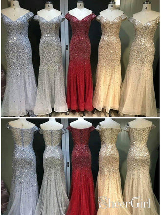 Off the Shoulder Beaded Organza Mermaid Prom Dresses Vintage Formal Evening Dress ARD1704-SheerGirl