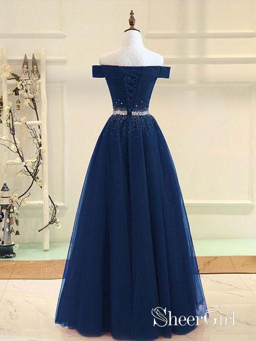 Off the Shoulder Beaded Prom Dresses Navy Blue Pleated Long Quinceanera Dresses SheerGirl Off the Shoulder Beaded Prom Dresses Navy Blue Pleated Long Quinceanera Dresses SheerGirl