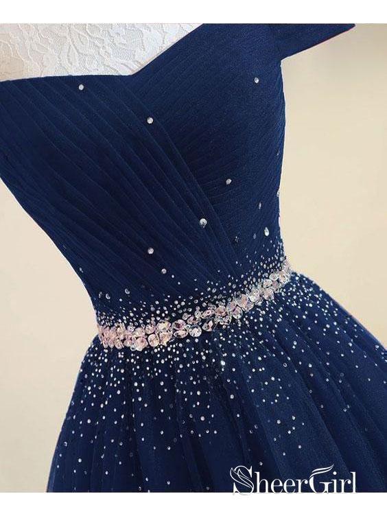 Off the Shoulder Beaded Prom Dresses Navy Blue Pleated Long Quinceanera Dresses SheerGirl Off the Shoulder Beaded Prom Dresses Navy Blue Pleated Long Quinceanera Dresses SheerGirl