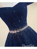 Off the Shoulder Beaded Prom Dresses Navy Blue Long Prom Dresses APD3420-SheerGirl
