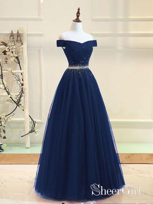 Off the Shoulder Beaded Prom Dresses Navy Blue Long Prom Dresses APD3420-SheerGirl