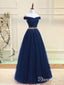 Off the Shoulder Beaded Prom Dresses Navy Blue Long Prom Dresses APD3420