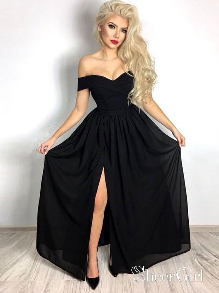 Off the Shoulder Black Prom Dresses with Slit Cheap Maxi Dresses APD3475-SheerGirl