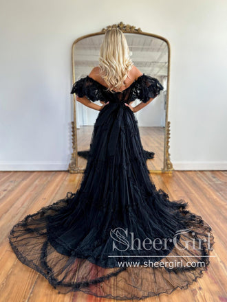 Off the Shoulder Black See Through Prom Dress Ruffled Tulle Party Dress ARD2906-SheerGirl