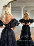 Off the Shoulder Black See Through Prom Dress Ruffled Tulle Party Dress ARD2906-SheerGirl