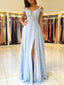 Off the Shoulder Blue Lace Thigh Split Maxi Formal Ball Gown Long Chiffon Prom Dresses APD3241