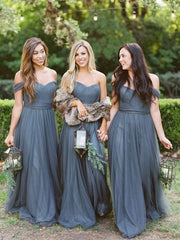 Off the Shoulder Bridesmaid Dresses Slate Grey Tulle Cheap Bridesmaid – SheerGirl