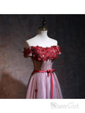 Off the Shoulder Burgundy Lace Applique Prom Dresses for Juniors Pageant Dress ARD1068-SheerGirl