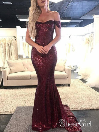Off the Shoulder Burgundy Mermaid Prom Dresses Shiny Maroon Formal Dress ARD1569-SheerGirl