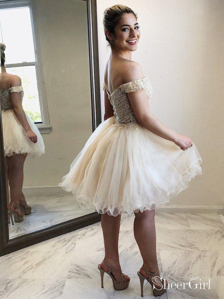 Off the Shoulder Champagne Short Prom Dresses Beaded Homecoming Dress ARD1353-SheerGirl