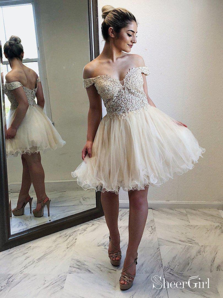 Off the Shoulder Champagne Short Prom Dresses Beaded Homecoming Dress ARD1353 Off the Shoulder Champagne Short Prom Dresses Beaded Homecoming Dress ARD1353