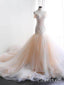 Off the Shoulder Champagne Tulle Mermaid Wedding Dress with Train AWD1472