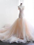 Off the Shoulder Champagne Tulle Mermaid Wedding Dress with Train AWD1472-SheerGirl