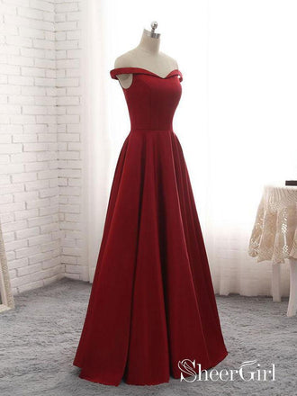 Off the Shoulder Cheap Long Red Satin Prom/Bridesmaid Dresses APD3170-SheerGirl