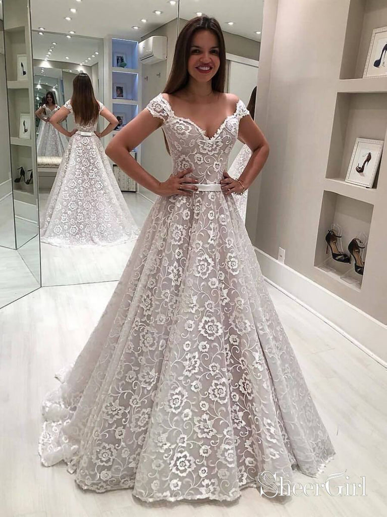 Off the Shoulder Floral Lace Wedding Dresses Cheap Rustic Wedding Dress AWD1430-SheerGirl