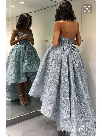 Off the Shoulder Grey Prom Dresses Lace Applique High Low Prom Dress ARD1326-SheerGirl