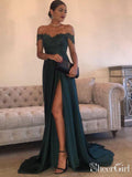 Off the Shoulder Lace Bodice Green Satin Prom Dresses with Side Slit ARD1945-SheerGirl