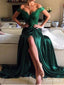 Off the Shoulder Lace Bodice Green Satin Prom Dresses with Side Slit ARD1945