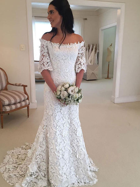 Off The Shoulder Lace Mermaid Bridal Wedding Dresses with Half Sleeves SWD0057