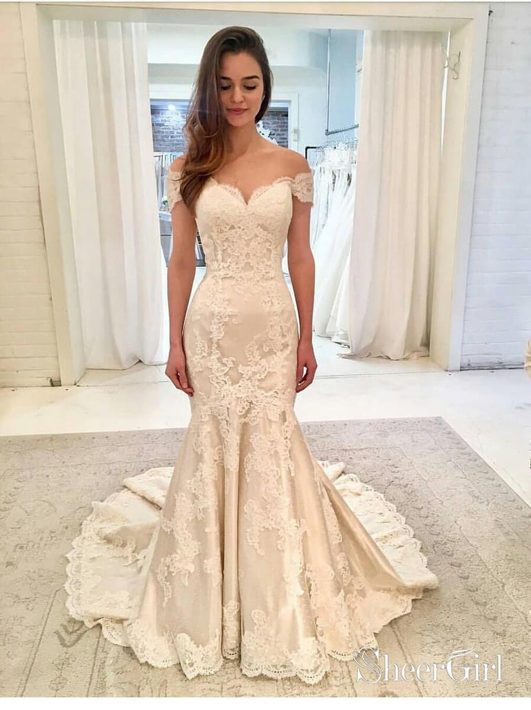 Off the Shoulder Lace Mermaid Wedding Dresses with Train AWD1431-SheerGirl