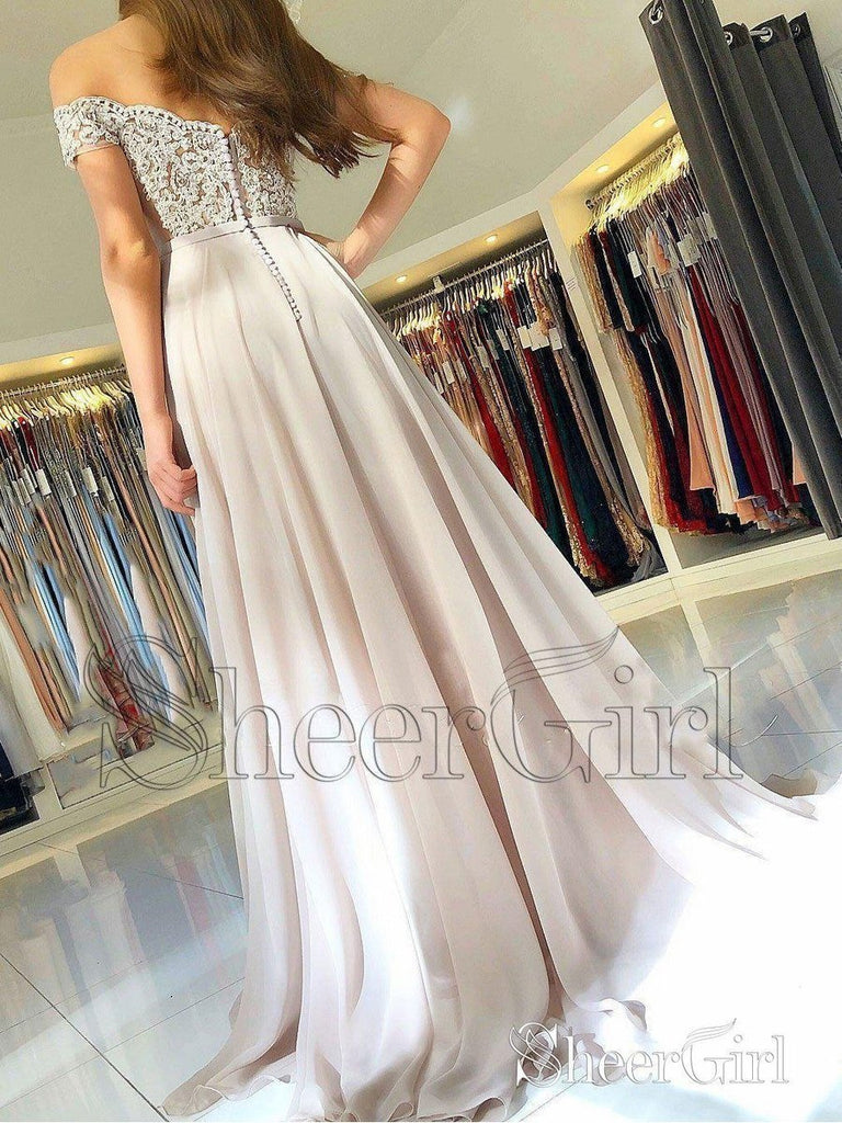 Off the Shoulder Lace Prom Dresses Beaded Chiffon Maxi Formal Evening Ball Gowns APD3350-SheerGirl