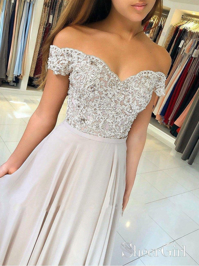 Off the Shoulder Lace Prom Dresses Beaded Chiffon Maxi Formal Evening Ball Gowns APD3350-SheerGirl