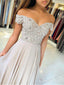 Off the Shoulder Lace Prom Dresses Beaded Chiffon Maxi Formal Evening Ball Gowns APD3350