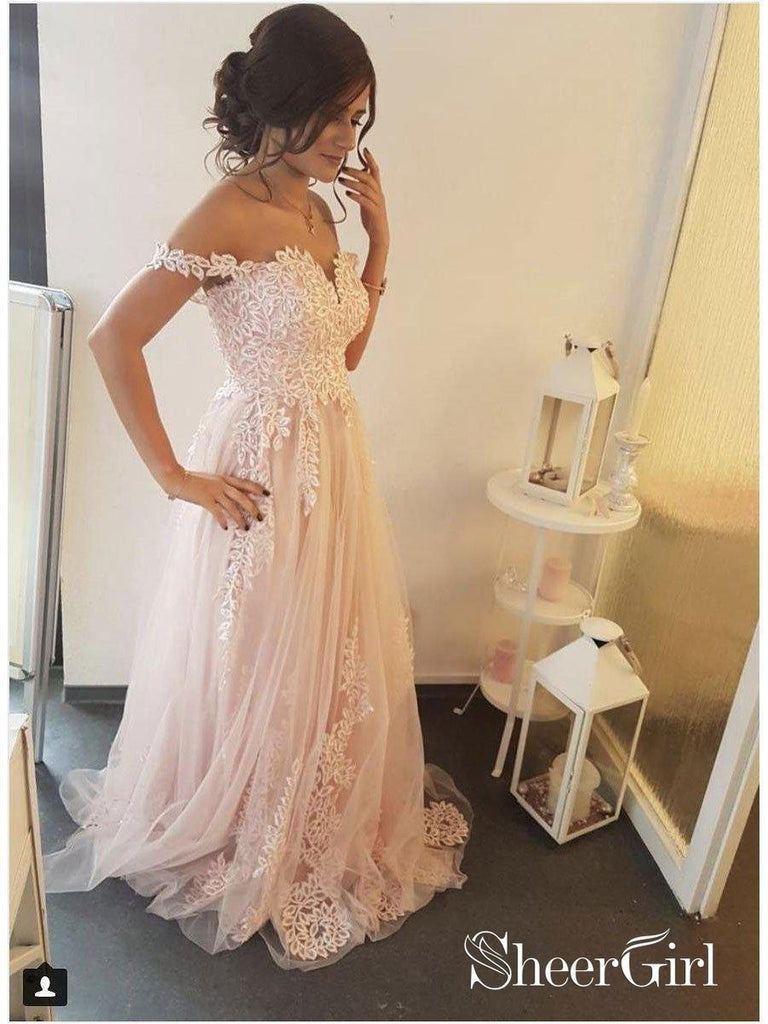 Off the Shoulder Lace Tulle Graduation Dresses Blush Pink Long Evening Ball Gowns APD3438-SheerGirl