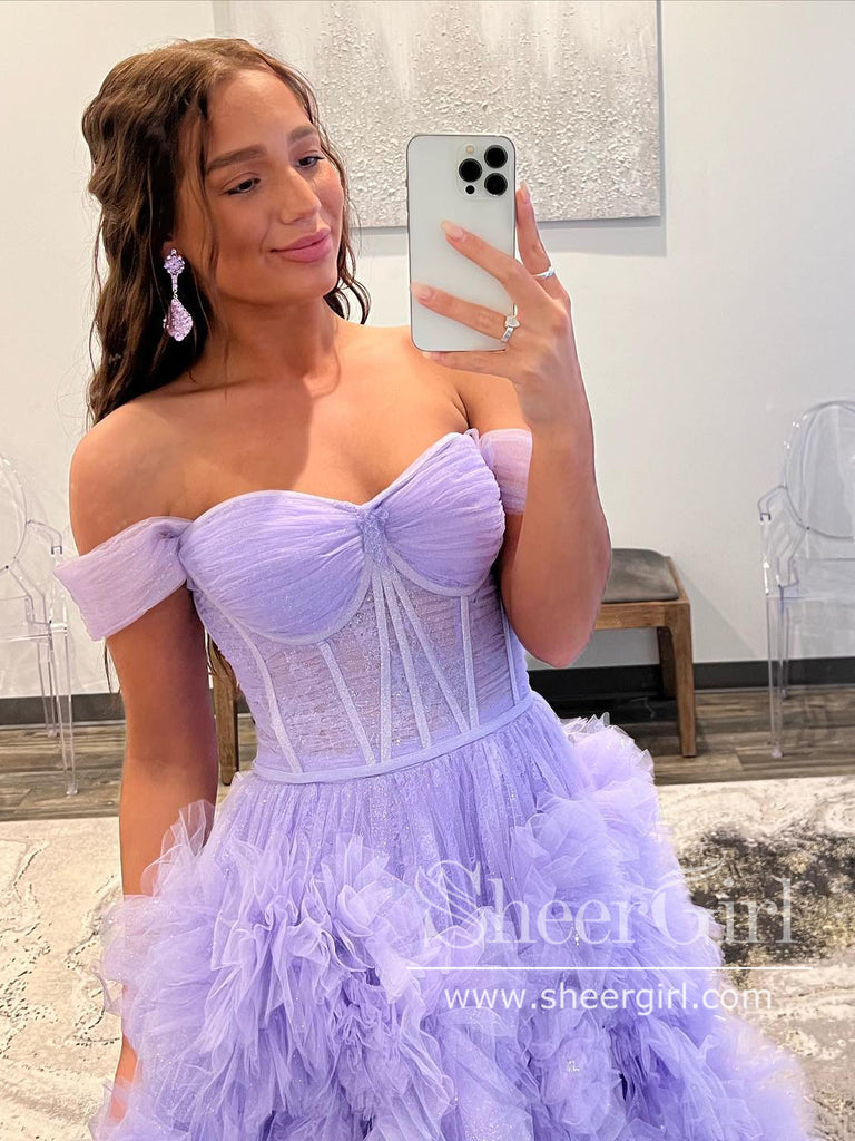 Off the Shoulder Lavender Tulle Ball Gown Layered Party Dress Sweetheart Neck Prom Dress ARD2911-SheerGirl