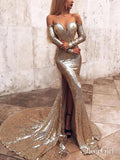 Off the Shoulder Long Sleeve Gold Mermaid Prom Dresses ARD1852-SheerGirl