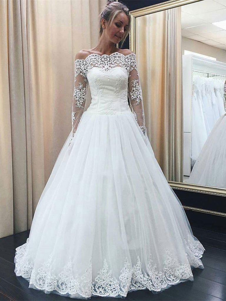 Off the Shoulder Long Sleeves Lace Appliqued Wedding Dresses SWD004-SheerGirl