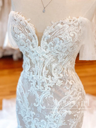 Off the Shoulder Mermaid Lace Wedding Dresses Sweetheart Neck Bridal Dress AWD1857-SheerGirl