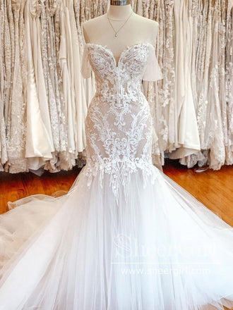 Off the Shoulder Mermaid Lace Wedding Dresses Sweetheart Neck Bridal Dress AWD1857-SheerGirl