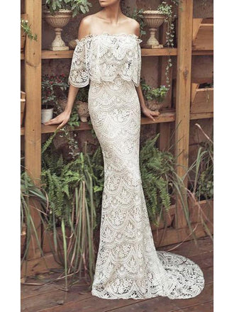 Off the Shoulder Mermaid Lace Wedding Dresses Vintage Rustic Wedding Dress AWD1151-SheerGirl